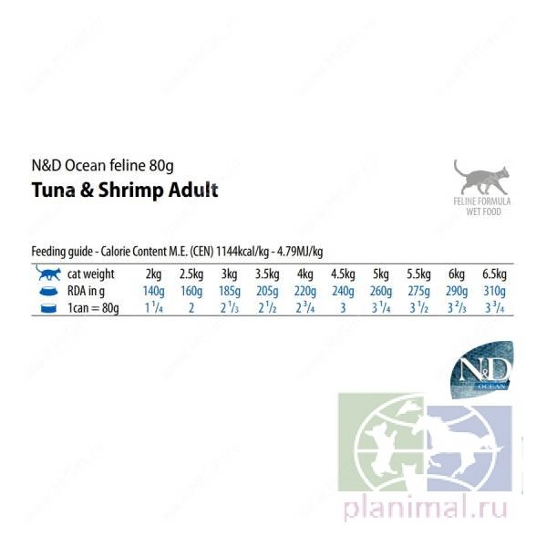Корм влажный ND Cat OCEAN Tuna & Shrimp / Тунец с креветками для кошек 80г