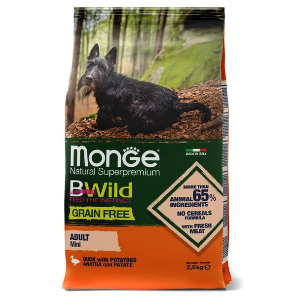 Monge: BWild GRAIN FREE Mini, беззерновой корм, из мяса утки с картофелем, для мелких пород собак, 2,5 кг