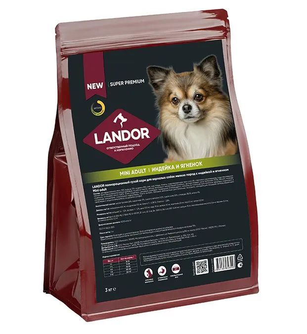 Landor: Dog Adult Mini, индейка с ягненком, для собак мини пород, 3 кг