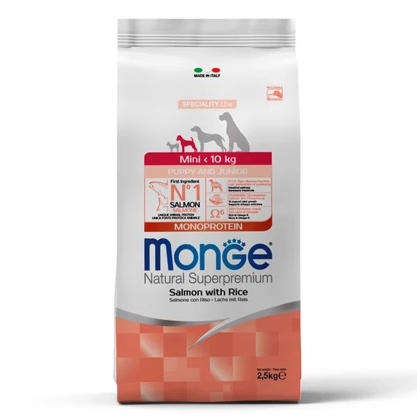 Monge: Dog Speciality Line Monoprotein, для щенков мелких пород, лосось с рисом, 2,5 кг