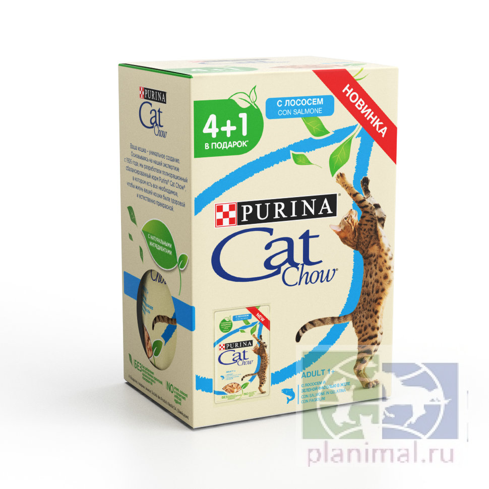 Консервы "Cat Chow", для взрослых кошек с лососем и зеленою фасолью в желе, 85 гр.ПРОМО 4+1, 425 гр
