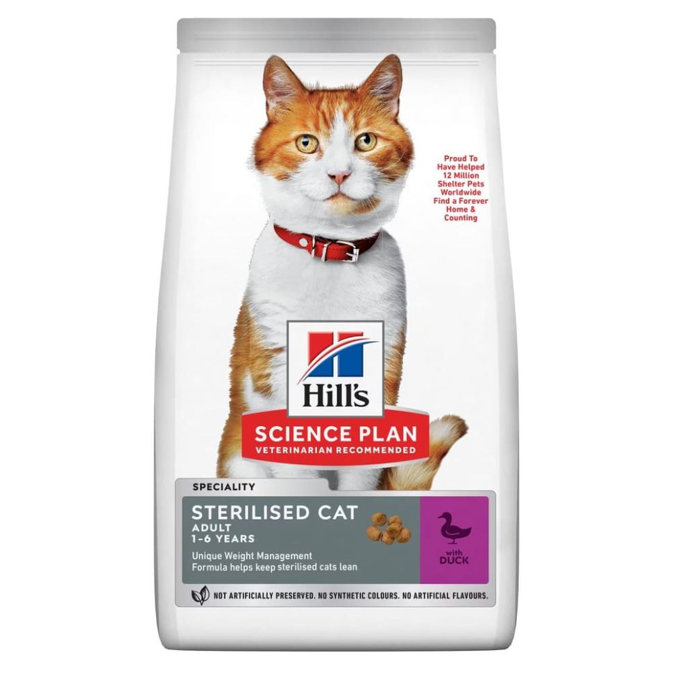 Hill's: Science Plan, сухой корм для стерилизованных кошек до 7 лет, с уткой, 1,5 кг