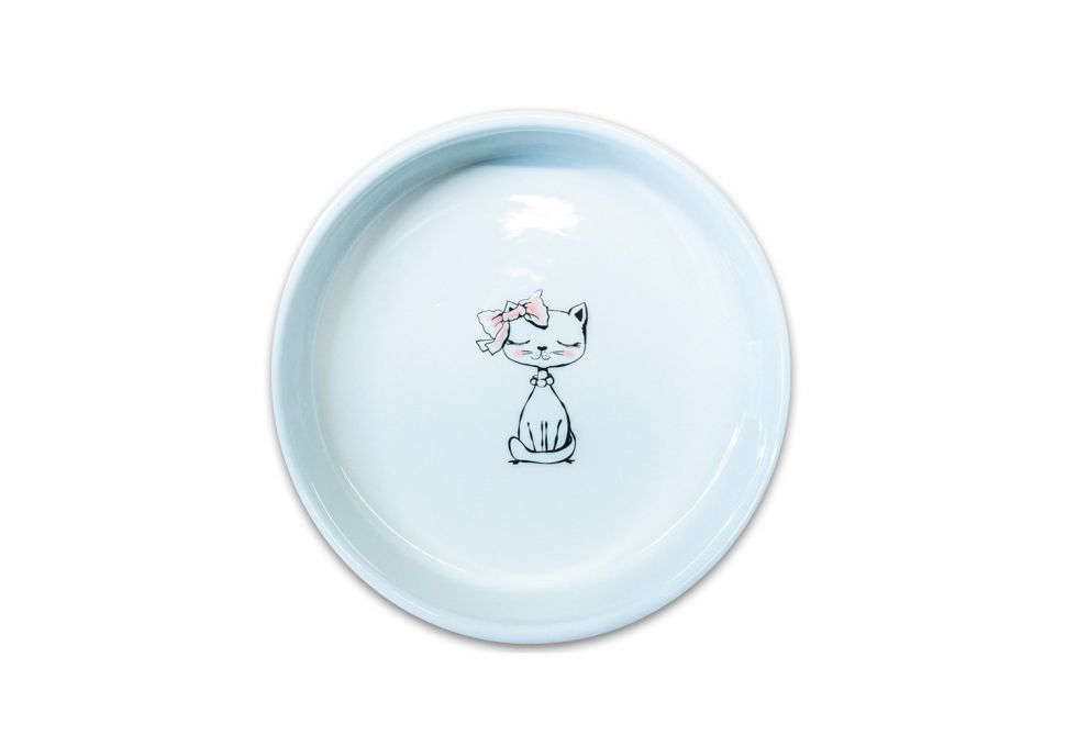 КерамикАрт: миска керамическая, "кошка с бантиком", для кошек, голубая, 370 мл