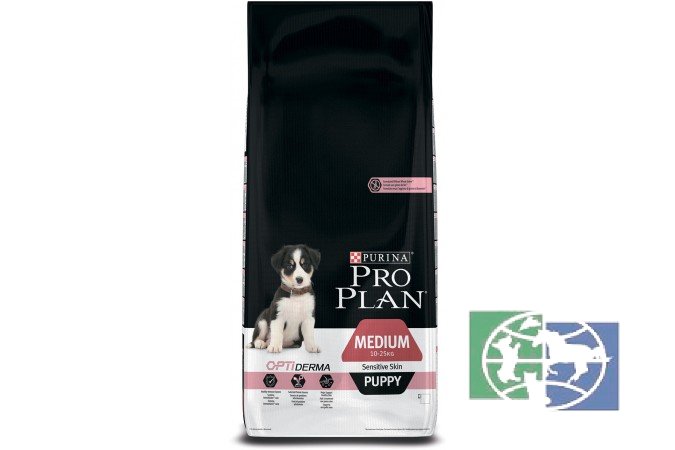 Сухой корм Purina Pro Plan для щенков средних пород с чувствительной кожей, лосось с рисом, пакет, 12 кг