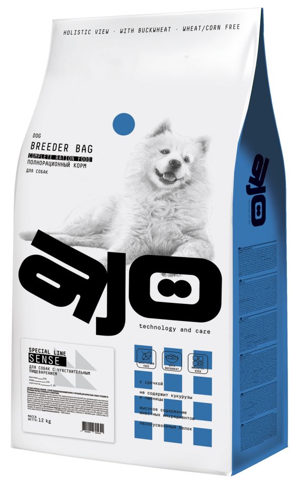 AJO SENSE Breeder bag корм для собак с чувствительным пищеварением с индейкой и ягненком, 12 кг