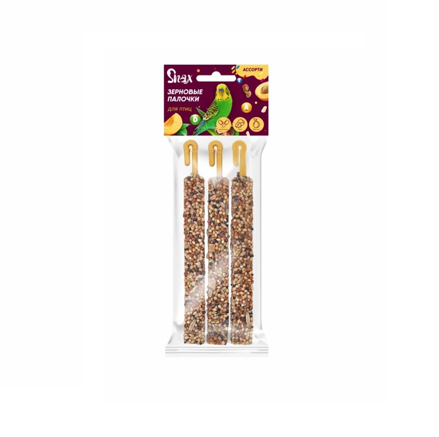 Snax: ассорти Зерновые палочки, для птиц: витамины и минералы, орех, абрикос, 3 шт, 75 гр
