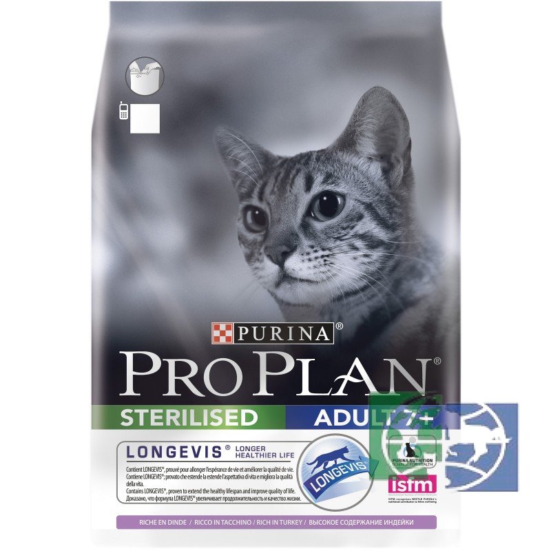 Сухой корм Purina Pro Plan для стерилизованных кошек и кастрированных котов старше 7 лет, индейка, пакет, 3 кг
