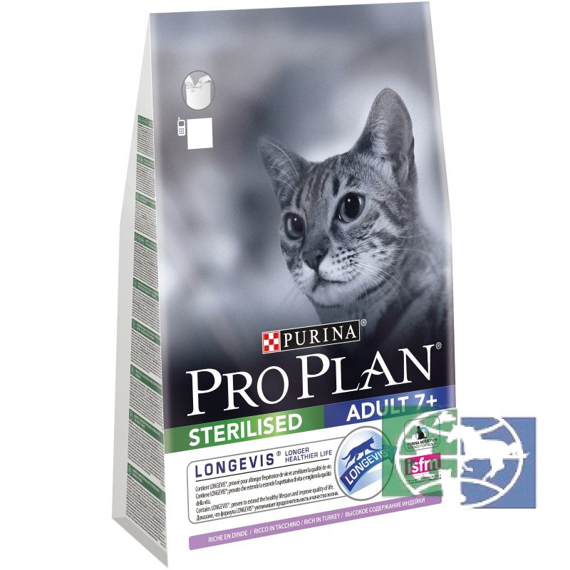 Сухой корм Purina Pro Plan для стерилизованных кошек и кастрированных котов старше 7 лет, индейка, пакет, 3 кг