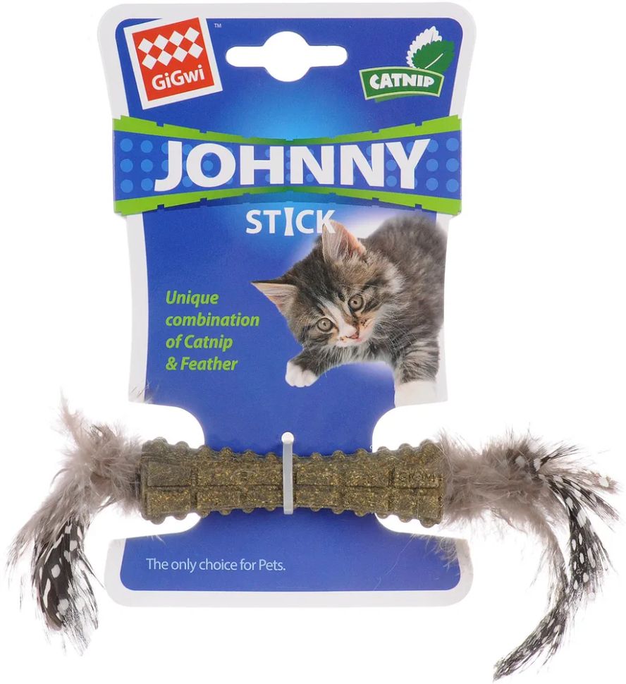 GiGwi Игрушка Палочка Johnny Stick для кошек из прессованной кошачьей мяты с перьями с 2-х сторон, 8 см