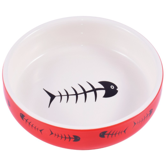 КерамикАрт: миска керамическая, для кошек, красно-белая с рыбками, 300 мл 