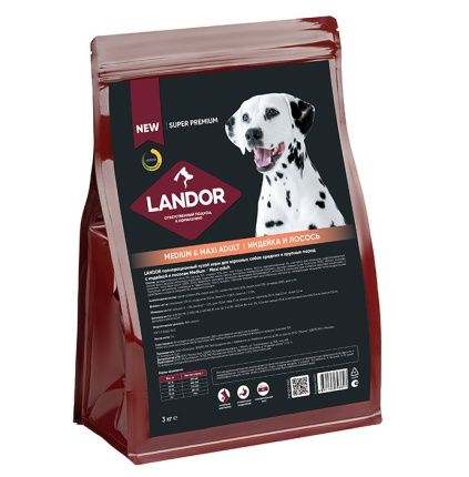 Landor Dog Adult: индейка с лососем, для собак средних и крупных пород, 3 кг