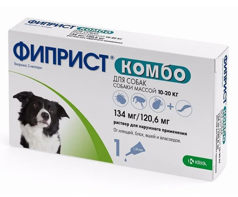 КРКА: Фиприст Комбо раствор от блох, клещей, власоедов и вшей у собак 10-20 кг, 1,34 мг, 1 пипетка