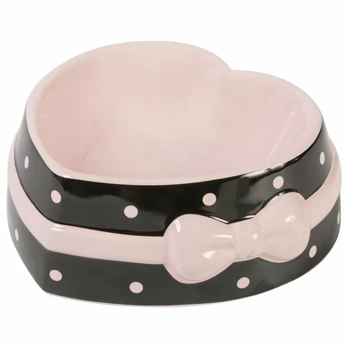 КерамикАрт: Сердечко, миска керамическая, коричневая с розовым бантом, для собак и кошек, 250 мл 