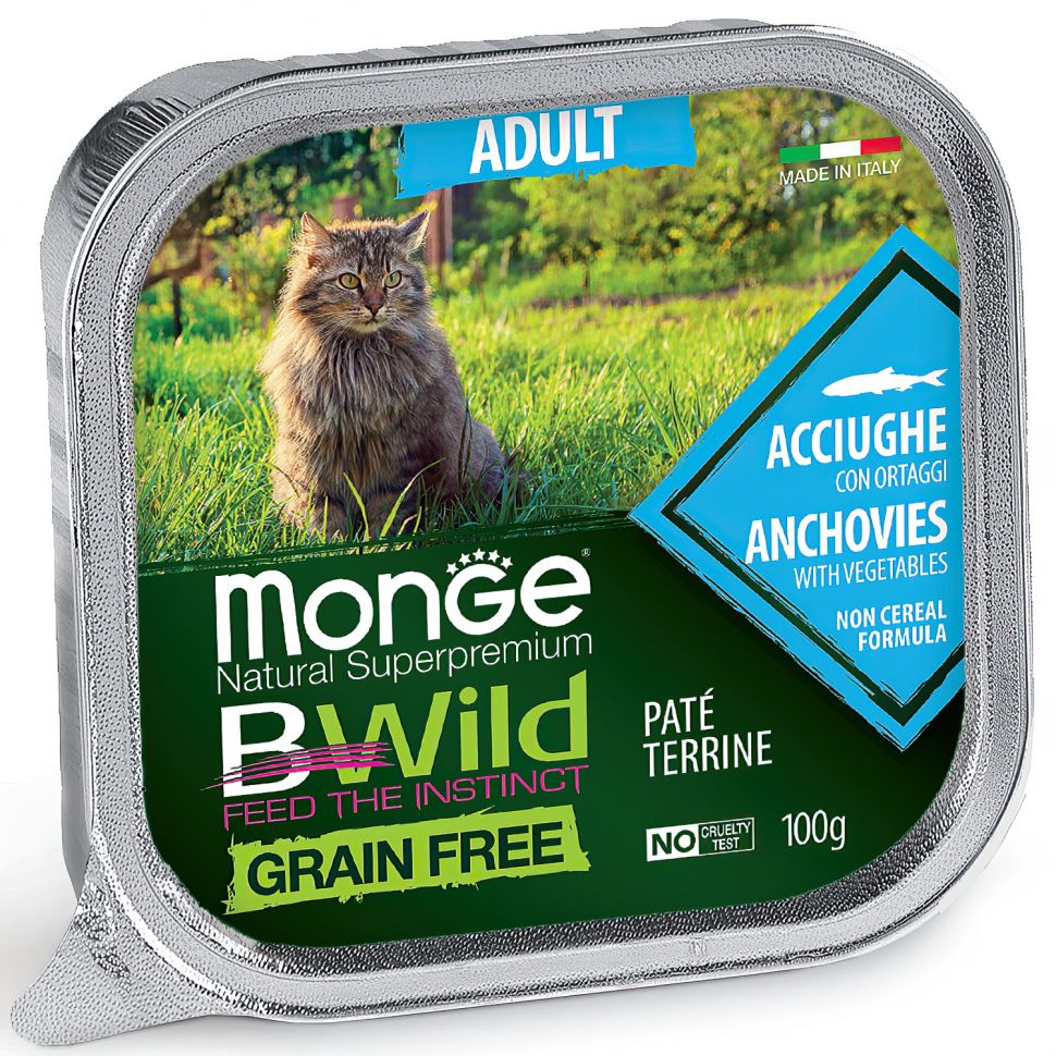 Monge: Cat BWild GRAIN FREE, беззерновые консервы из анчоусов, с овощами, для взрослых кошек, 100 гр.