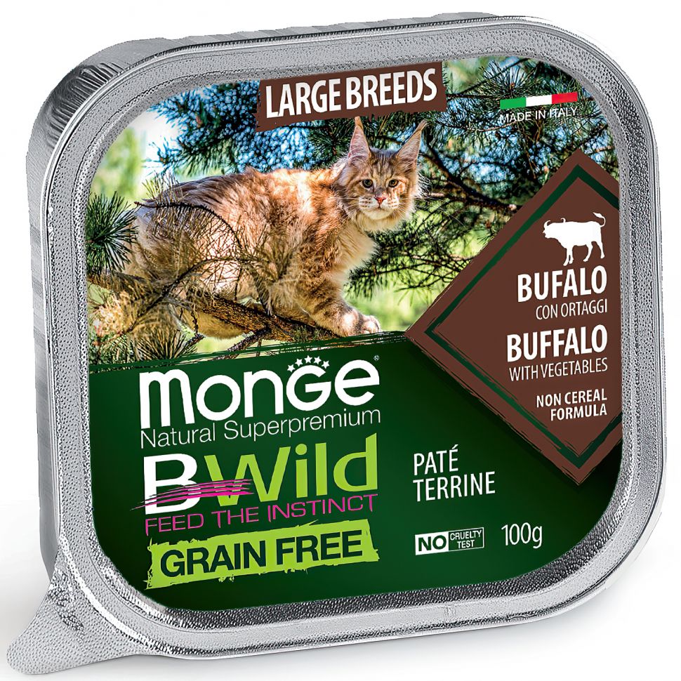 Monge: Cat BWild GRAIN FREE, беззерновые консервы из буйвола, с овощами, для крупных кошек, 100 гр.