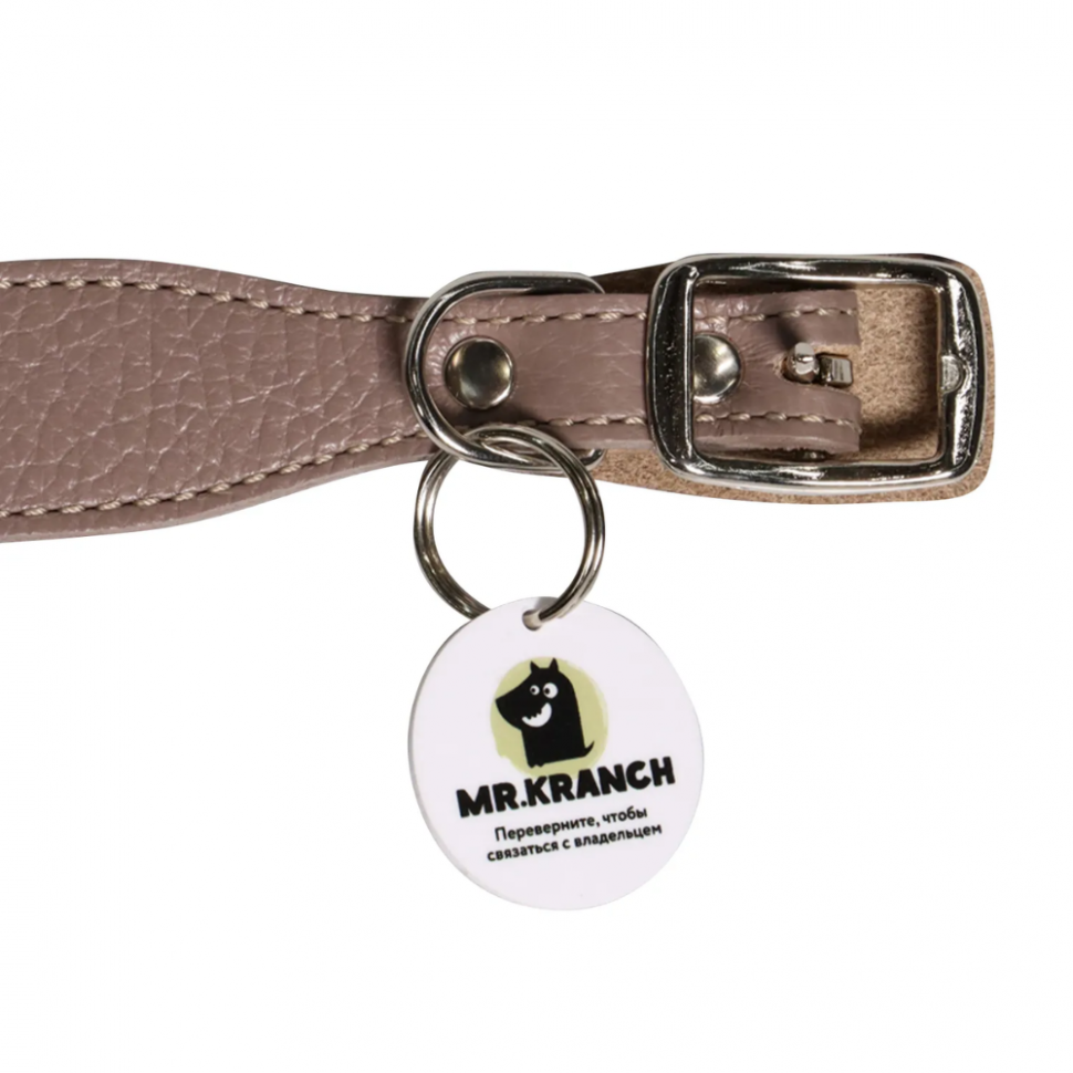 Mr.Kranch: Ошейник для собак, из натуральной кожи, с QR-адресником, бежевый, 22-26 см