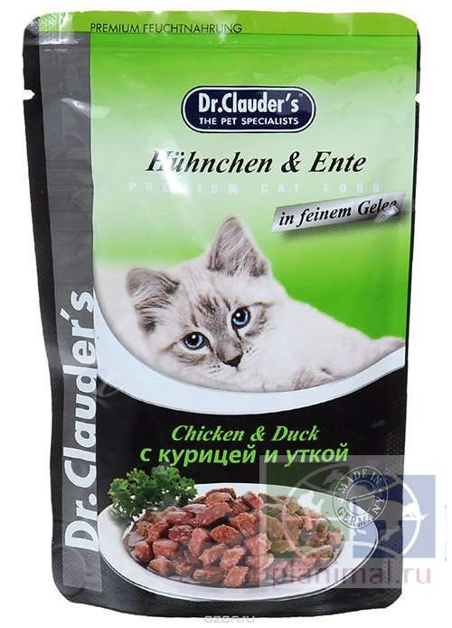 Dr.Clauder's консервы для кошек Сочные кусочки курицы и утки в нежном желе, 100 гр. пауч