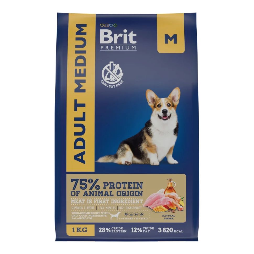 Brit: Premium Dog Adult Medium, сухой корм, для взрослых собак средних пород 10-25 кг, курица, 1 кг
