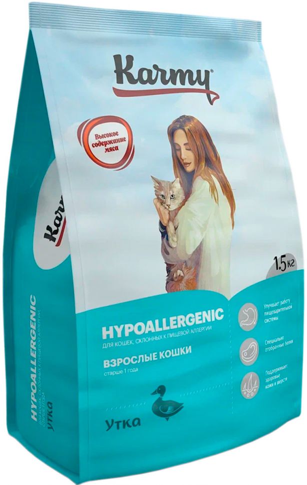 Karmy Hypoallergenic Утка корм для аллергичных кошек от 1 года, 1,5 кг