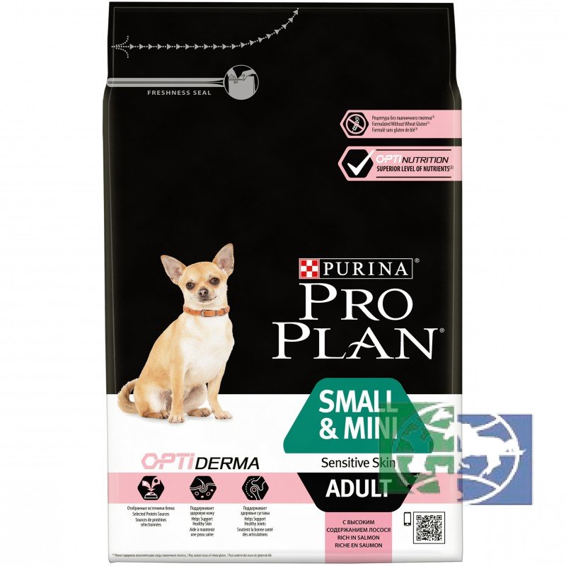 Сухой корм Purina Pro Plan для взрослых собак мелких и карликовых пород с чувствительной кожей, лосось с рисом, 3 кг