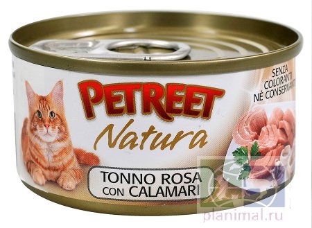 Petreet  кусочки розового тунца с кальмарами, консервы для кошек, 70г.