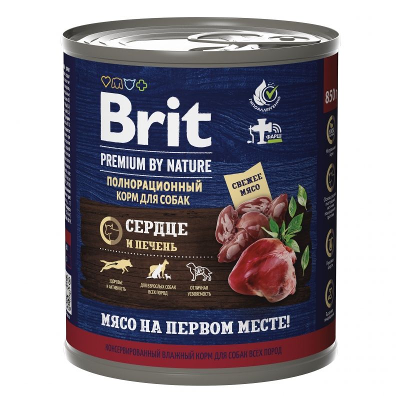Brit Premium by Nature  Консервы с сердцем и печенью для взрослых собак всех пород, 850 гр.