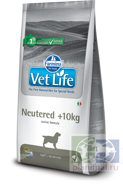 Vet Life Dog Neutered +10 kg, диета для взрослых кастрированных или стерилизованных собак весом более 10кг для контроля веса и профилактики развития мочекаменной болезни, 2 кг