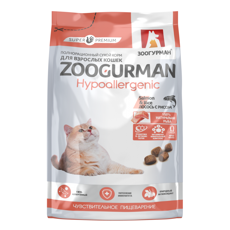 Zoogurman Hypoallergenic сухой корм для кошек Лосось с рисом Salmon&Rice, 1,5 кг
