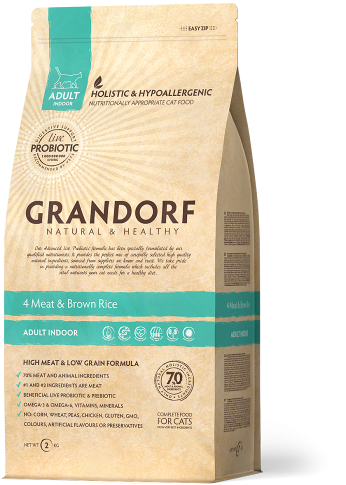 Grandorf 4Meat & Brown Rice Adult Indoor корм для домашних кошек 4 вида мяса и рис с пробиотиками, 2 кг