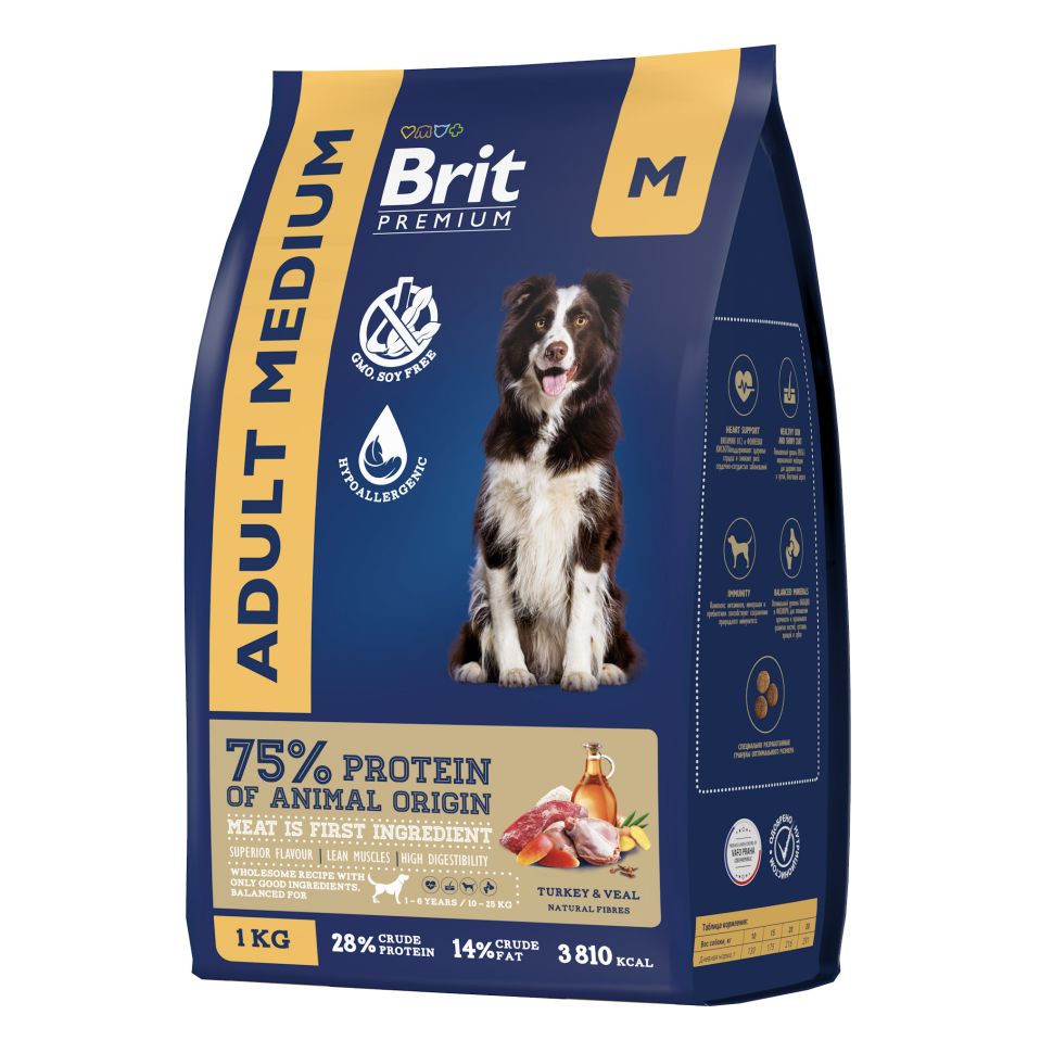 Brit: Premium Dog Adult Medium, Сухой корм с индейкой и телятиной, для собак средних пород 10-25 кг, 1 кг