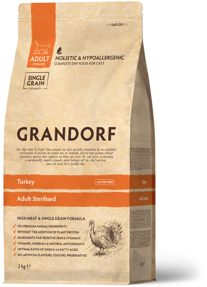 Grandorf Turkey & Brown Rice Adult Sterilized корм для для стерилизованных, кастрированных, пожилых или склонных к полноте​ кошек с индейкой и коричневым рисом, 2 кг