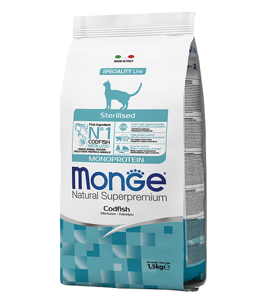 Monge Cat Monoprotein Sterilised Merluzzo корм для стерилизованных кошек с треской 1,5 кг