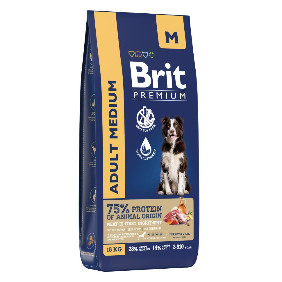 Brit: Premium Dog Adult Medium, Сухой корм с индейкой и телятиной, для собак средних пород 10-25 кг, 15 кг