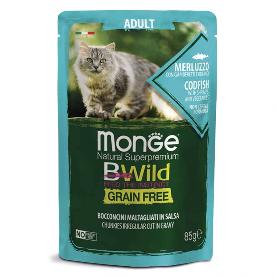 Monge: Cat BWild GRAIN FREE, паучи из трески с креветками и овощами, для взрослых кошек, 85 гр.