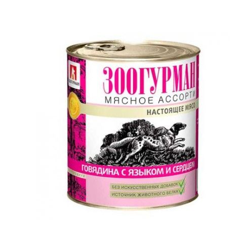 Зоогурман мясное ассорти консервы для собак Говядина с языком и сердцем, ж/б 350 гр.
