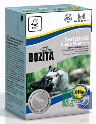 Bozita Funktion Sensitive Diet & Stomach кусочки в желе c мясом лося для кошек с чувствительным пищеварением, для кошек с избыточным весом и низким уровнем активности, 190 гр.
