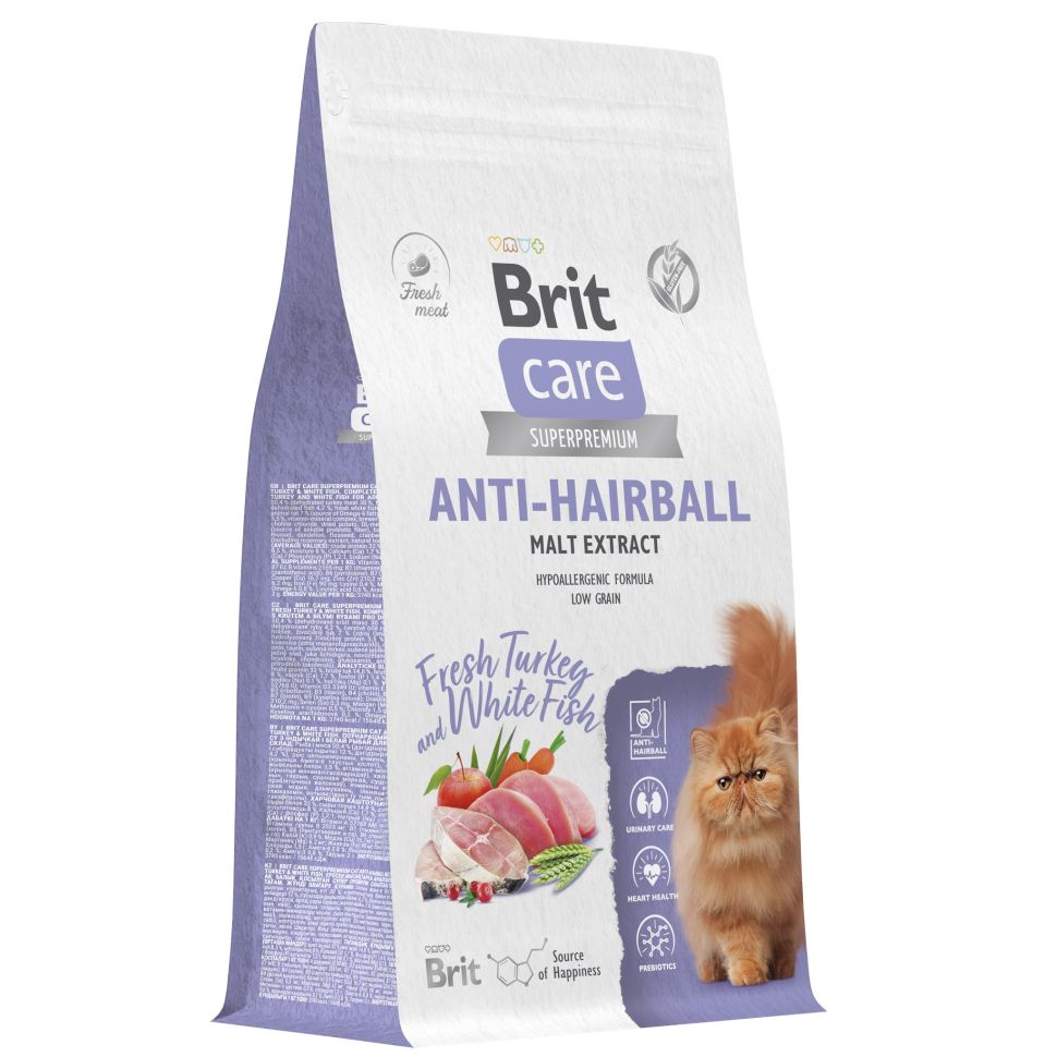 Brit: Care Cat Anti-Hairball, Сухой корм с белой рыбой и индейкой, для взрослых кошек, 1,5 кг