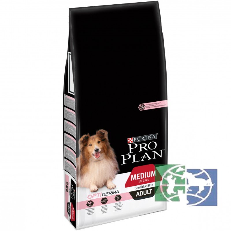 Сухой корм Purina Pro Plan для взрослых собак средних пород с чувствительной кожей, лосось с рисом, пакет, 14 кг