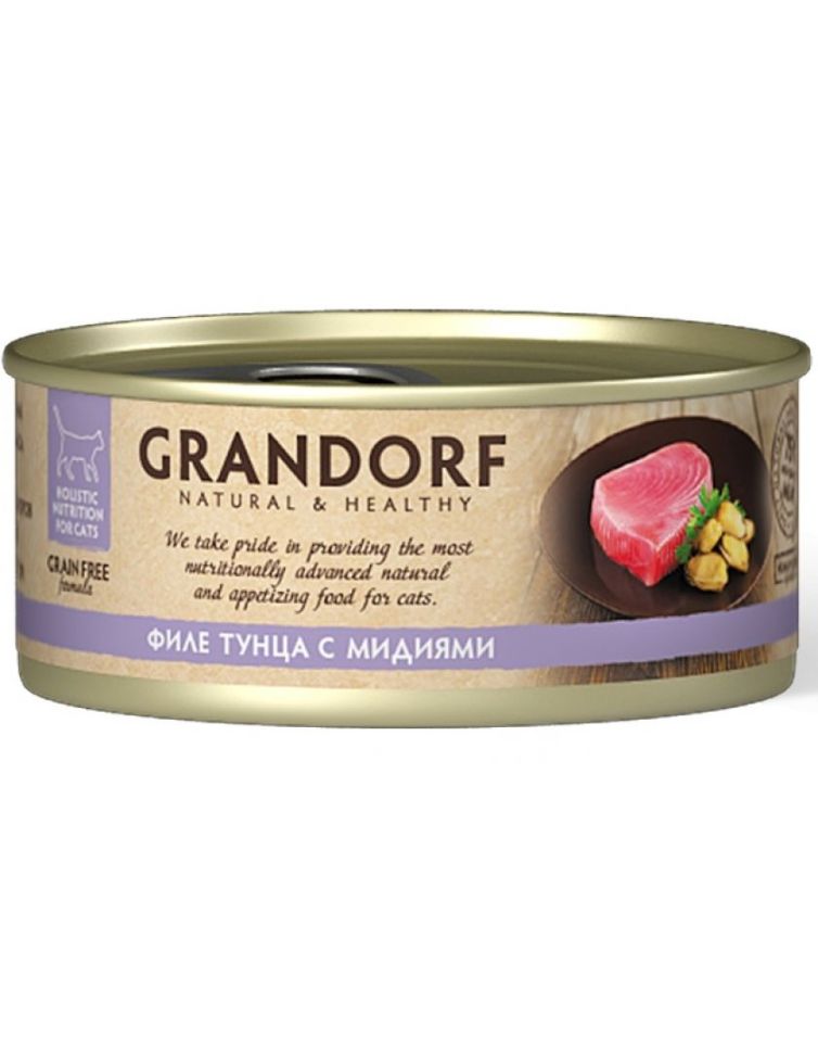 Консервы для кошек GRANDORF Филе тунца с мидиями в собственном соку, 70 гр.