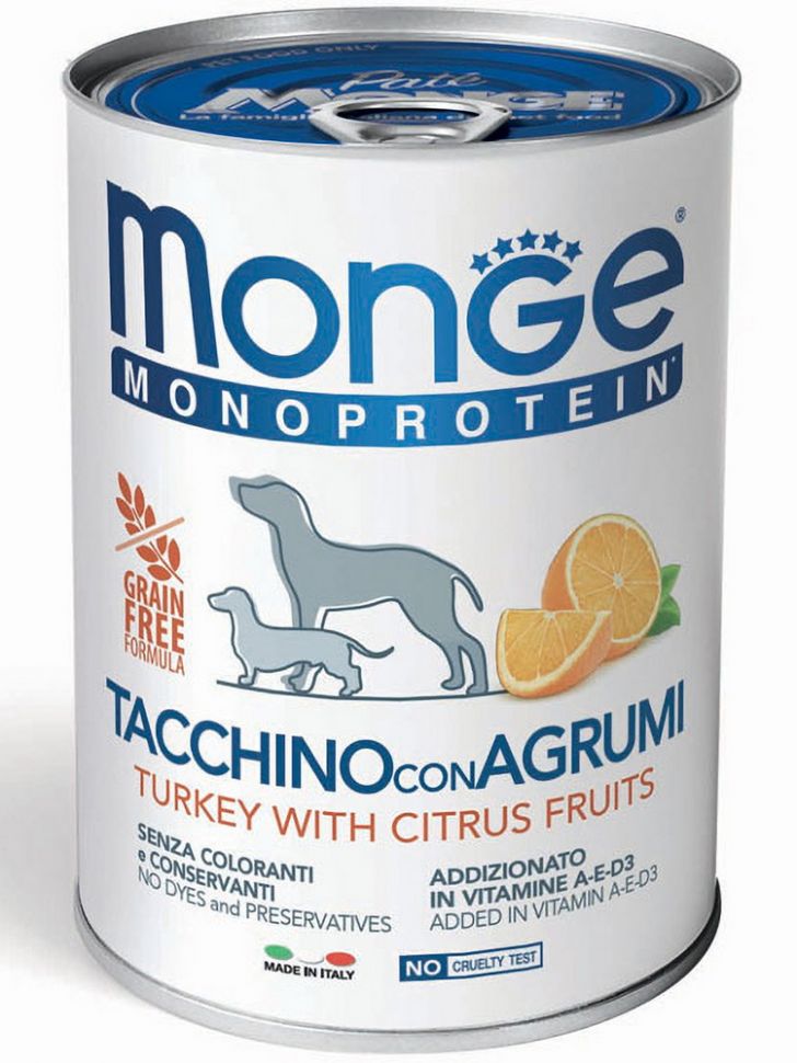 Monge Dog Monoprotein Fruits консервы для собак паштет из индейки с  цитрусовыми 400 гр.