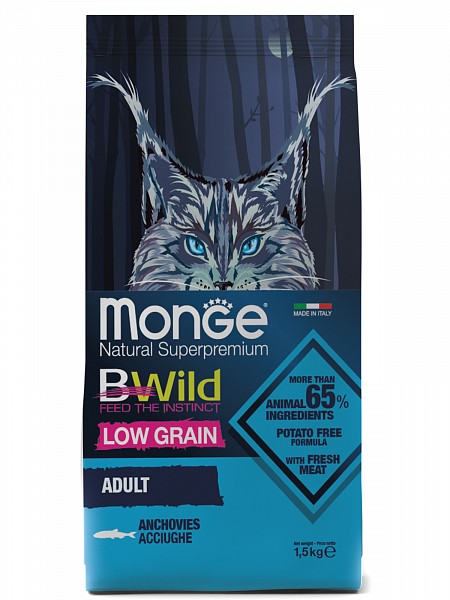 Monge BWild Cat Anchovies LOW GRAIN низкозерновой корм для взрослых кошек с анчоусами 1,5 кг