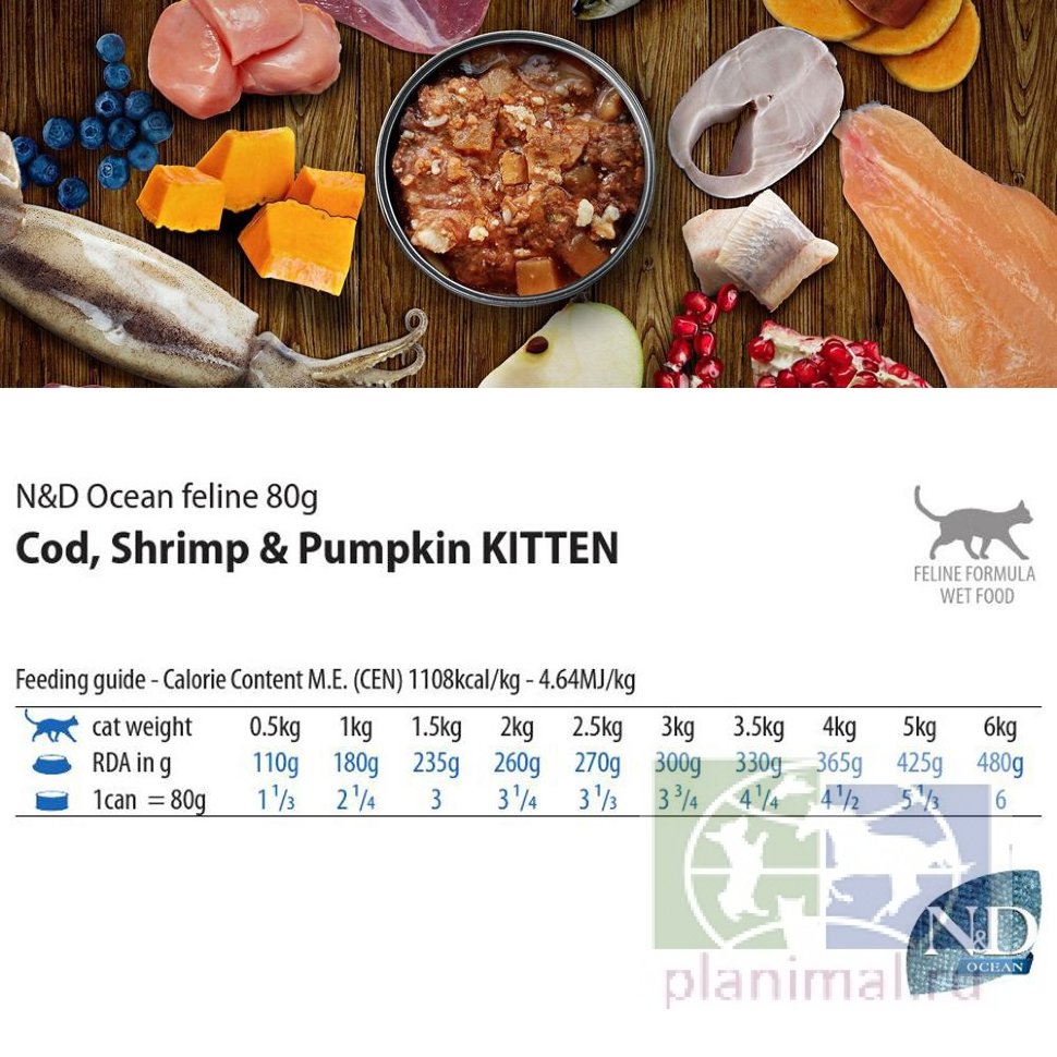 Корм влажный ND Cat OCEAN Cod, Shrimp & Pumpkin KITTEN / Треска с креветками и тыквой для котят 80 гр.