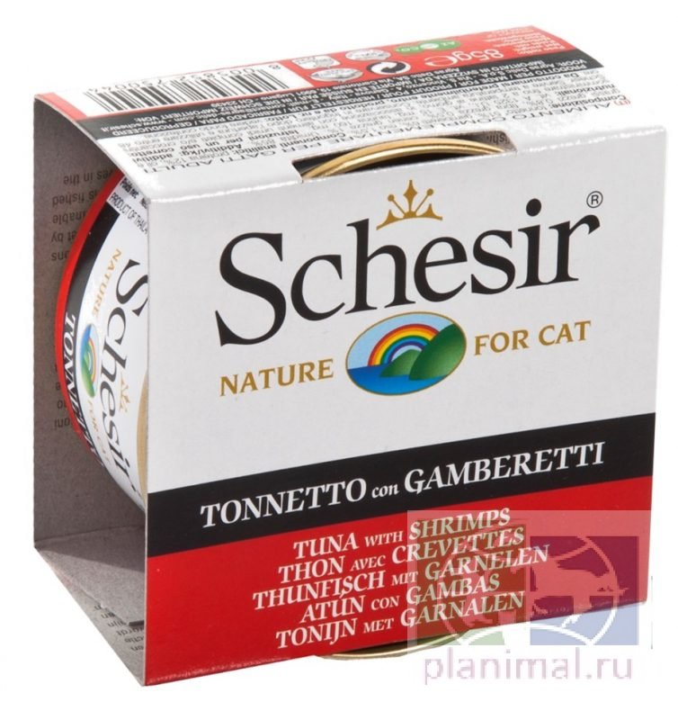 Schesir тунец с креветками консервы для кошек, 85 гр. ж/б