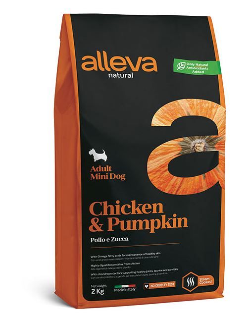 Alleva: Натурал, корм для взрослых собак, с курицей и тыквой, Мини, 2 кг