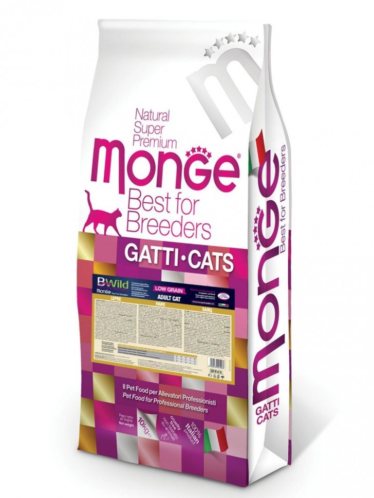 Monge: PFB Cat BWild LOW GRAIN, низкозерновой корм из мяса зайца, для взрослых кошек, 10 кг