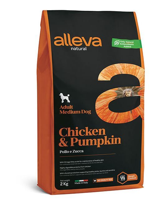 Alleva: Натурал, корм для взрослых собак, с курицей и тыквой, Медиум, 2 кг