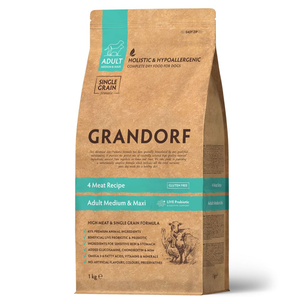 Grandorf Dog 4 Meat&Rice Probiotic Adult Medium & Maxi корм для собак средних и крупных пород 4 мяса с пробиотиками, 1 кг
