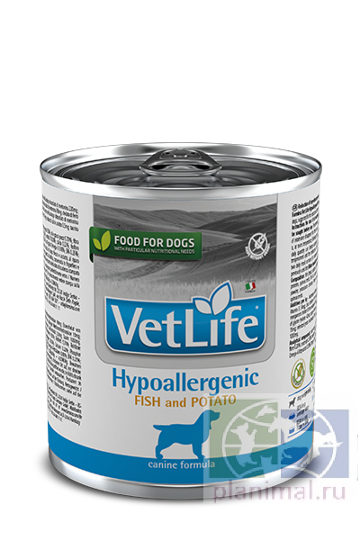 Vet Life Dog Hypoallergenic Fish&Potato Рыба с картофелем корм для собак, страдающих пищевой аллергией или пищевой непереносимостью, в паштете, 300 гр.