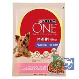 Purina One Мини "Моя собака...Непоседа" консервы для собак мелких пород с чувствительным пищеварением с лососем, рисом  и морковью в подливе, 100 гр.