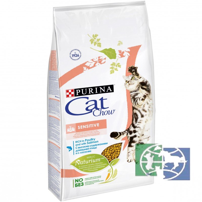 Сухой корм Purina Cat Chow Sensitive для взрослых кошек с чувствительным пищеварением, птица и лосось, 15 кг
